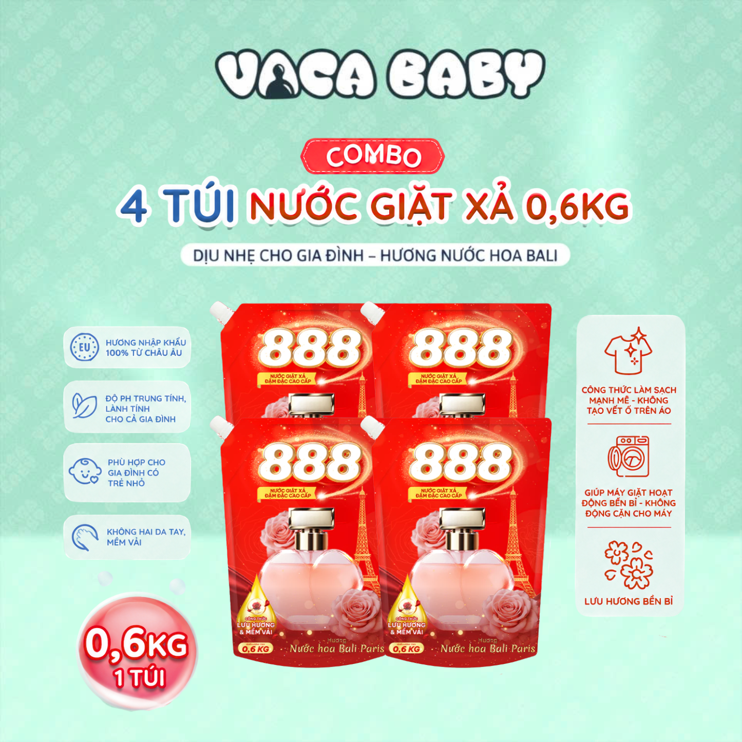 Combo 4 Túi Nước Giặt Xả 888 Hương Nước Hoa Bali Paris Cao Cấp 0.6kg/Túi