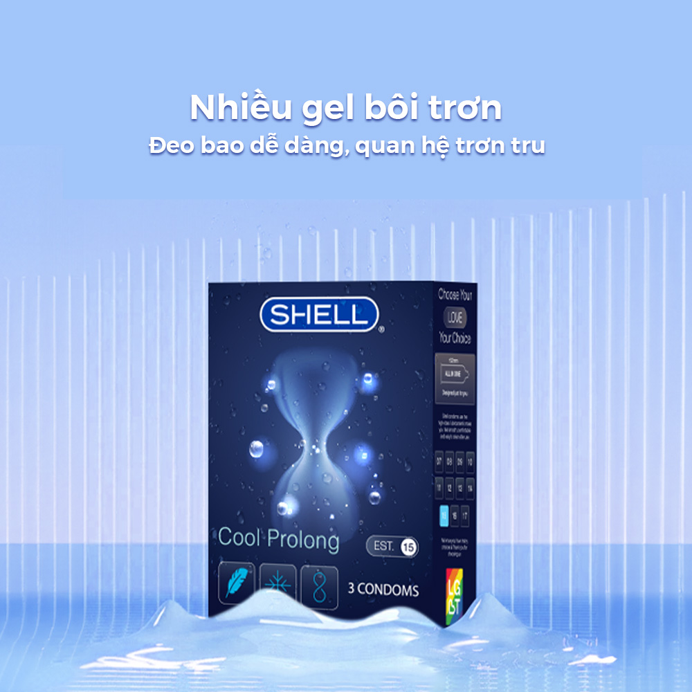 Bao cao su Shell Cool Prolong kéo dài thời gian, bạc hà mát lạnh - Hộp 3 cái | SHELL CHÍNH HÃNG