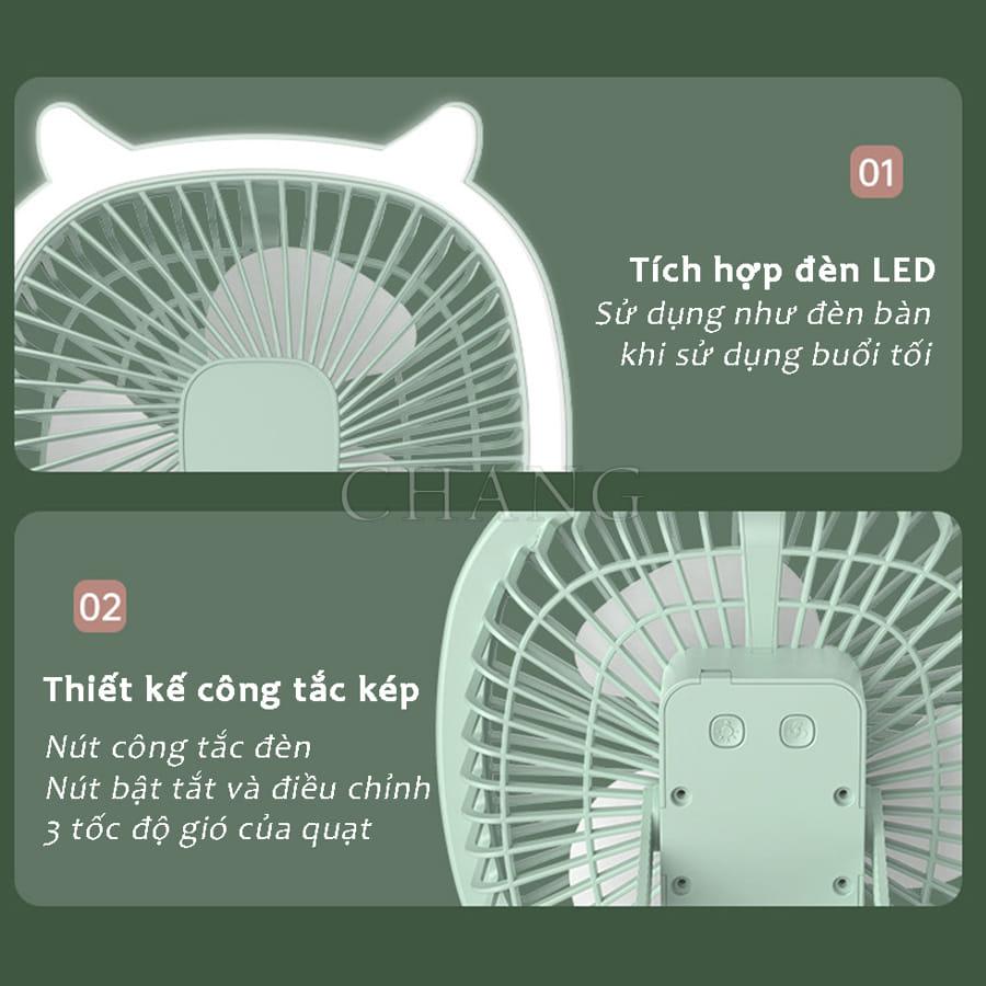 Quạt Tích Điện Để Bàn, Treo Tường Mini Có Đèn Led Chiếu Sáng, Sạc Pin USB Điều Chỉnh 3 Tốc Độ Gió