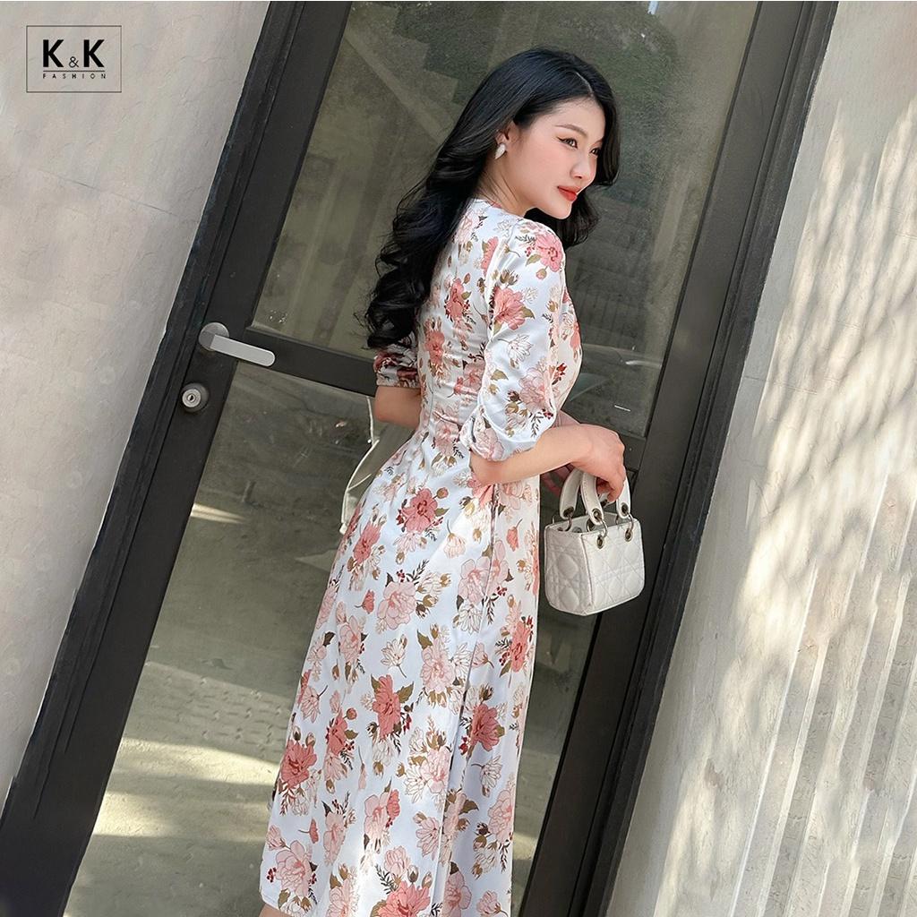 Đầm Lụa Hoa Dáng Xòe Cổ Tròn Tay Lửng K&amp;K Fashion KK119-23 Chất Liệu Lụa