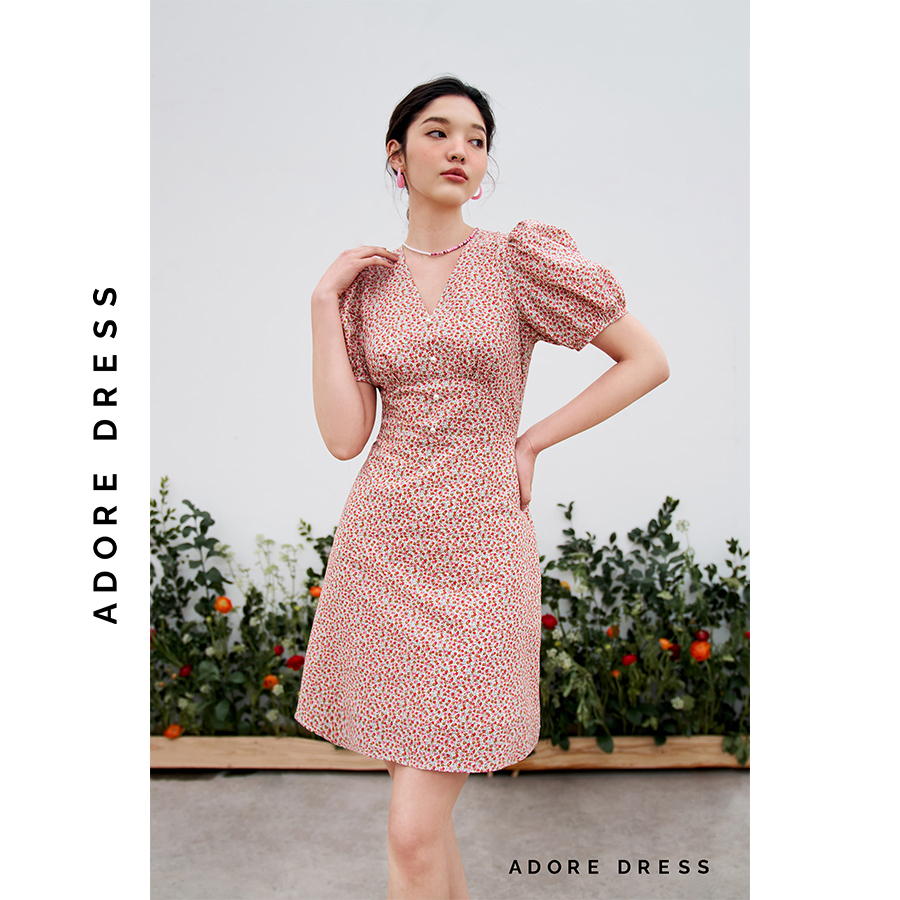 Đầm mini dress thô xốp hoa nhí 2 màu đỏ hồng và trắng xanh  3ASDR1185 ADORE DRESS