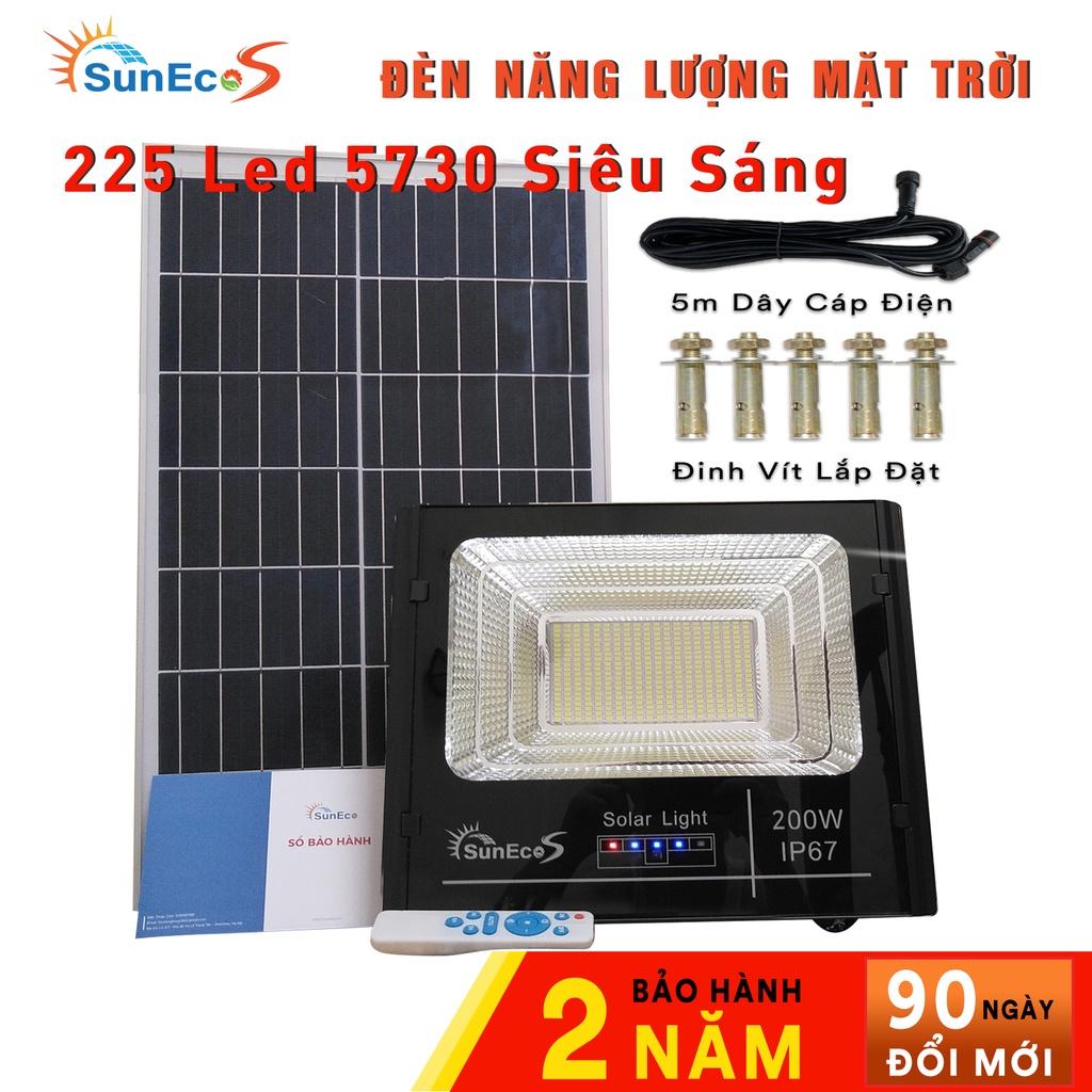 Đèn led năng lượng mặt trời 200W Suneco, đèn pha led năng lượng mặt trời có báo dung lượng pin, chống nước IP67, BH 2năm