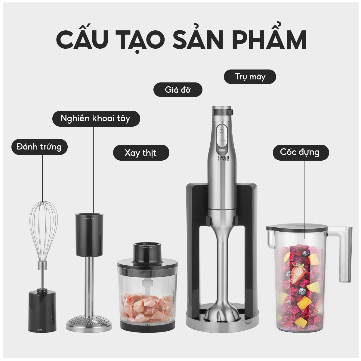 Máy xay sinh tố cầm tay đa năng Lebenlang LBL3969, nhiều đầu thay thế, công suất 1200W, lưỡi dao inox 304, 7 mức độ xay, dễ dàng tháo rời, bảo hành 2 năm - hàng chính hãng