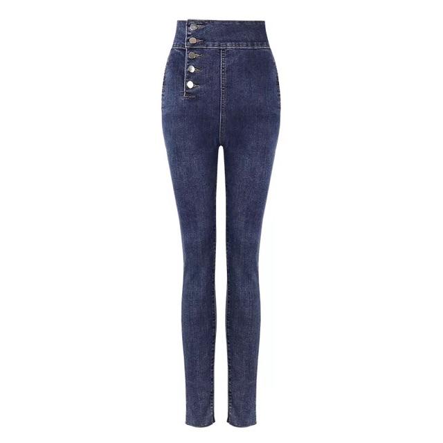 QUẦN JEANS LƯNG CAO TRƠN NÚT HÔNG- jeans siêu mềm giãn