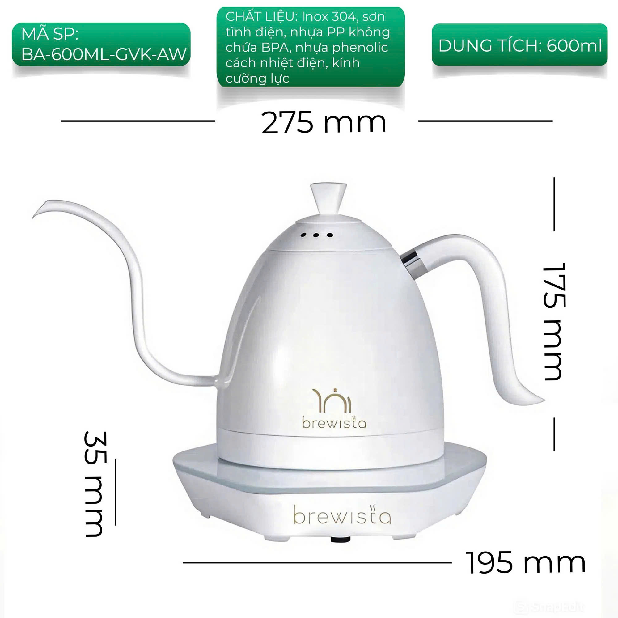 Hàng chính hãng ấm đun rót cà phê Brewista Artisan 600ml Gen 3 Pro 1500w Pure