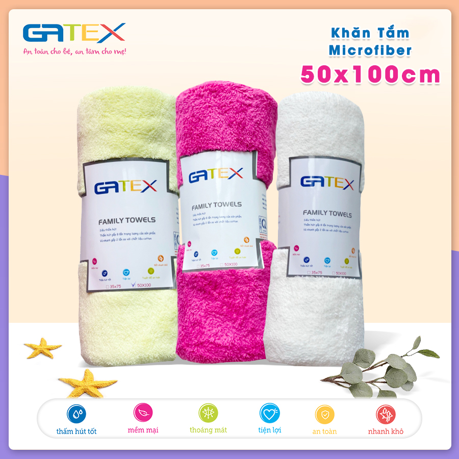 Khăn tắm 50x100cm Siêu Mềm Mịn, Siêu Thấm Hút Microfiber GATEX