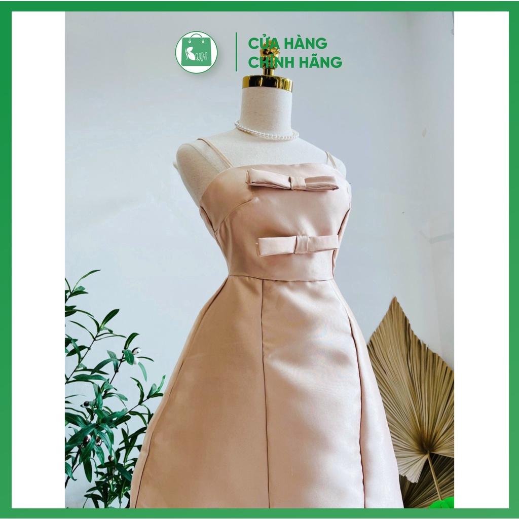 Váy đầm hồng dây ,cổ chéo, đính nơ trẻ trung