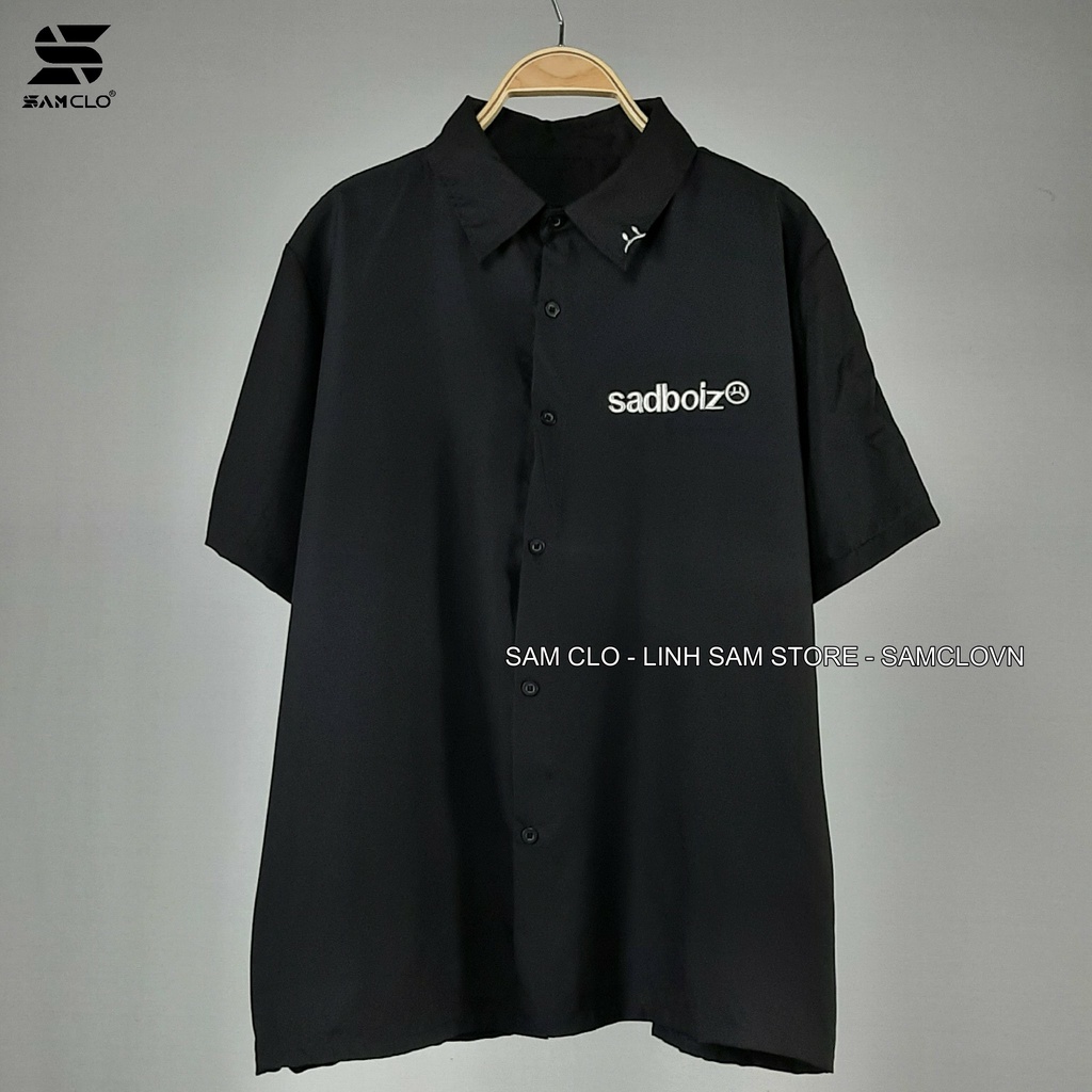 Áo SƠ MI NỮ form rộng cổ bẻ tay ngắn - lỡ dáng ulzzang freesize unisex mặc cặp, nhóm, THÊU chữ SADBOIZ