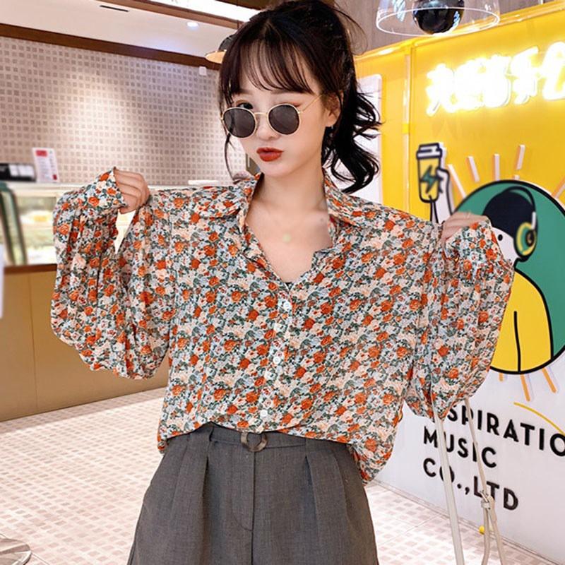 Áo Sơ Mi Tay Dài Form Rộng Họa Tiết Hoa Phong Cách Vintage