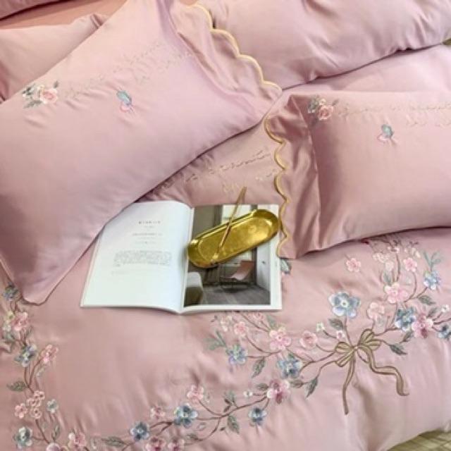 Set Cotton Lụa Thêu 2020 Cao Cấp Hàng Nhập Khẩu 5 món Hoa Khung Nguyệt Quế May Mắn Màu Hồng Phấn