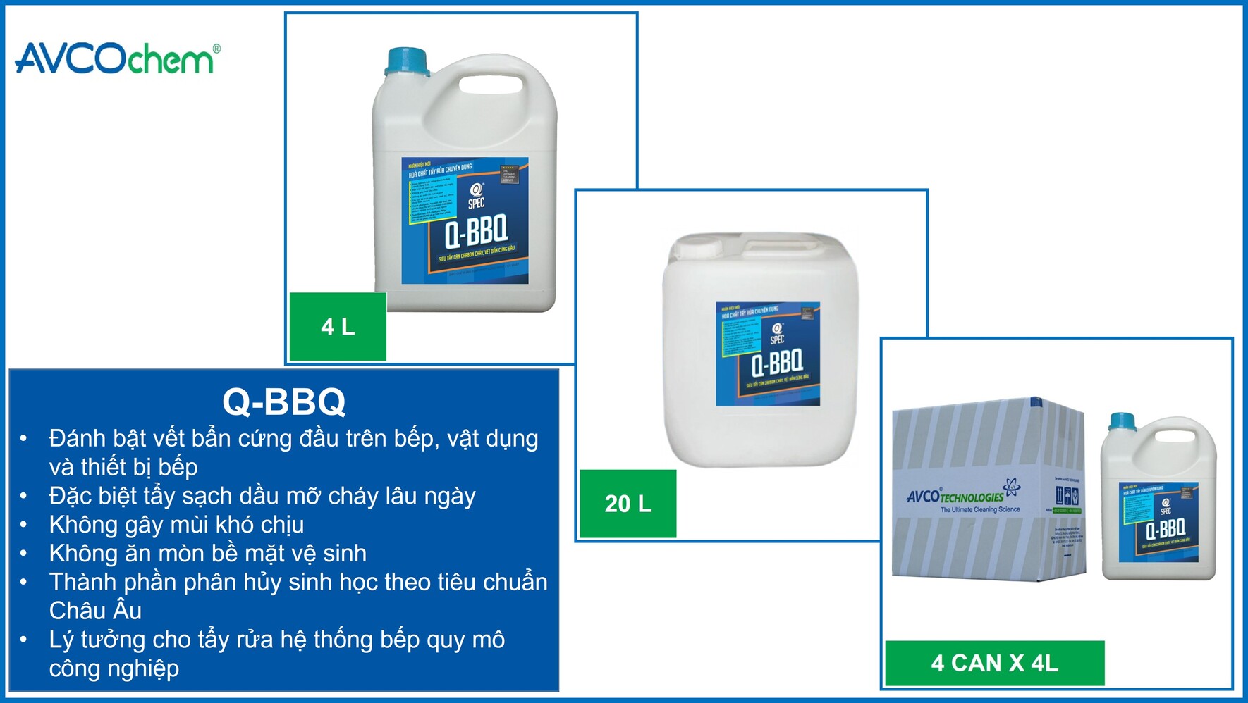 Siêu Tẩy Cặn Carbon Cháy Bếp Ăn AVCOChem - Q-BBQ - Sạch dầu mỡ cứng đầu - Thùng carton (4 x can 4 lít) - Hàng Chính Hãng