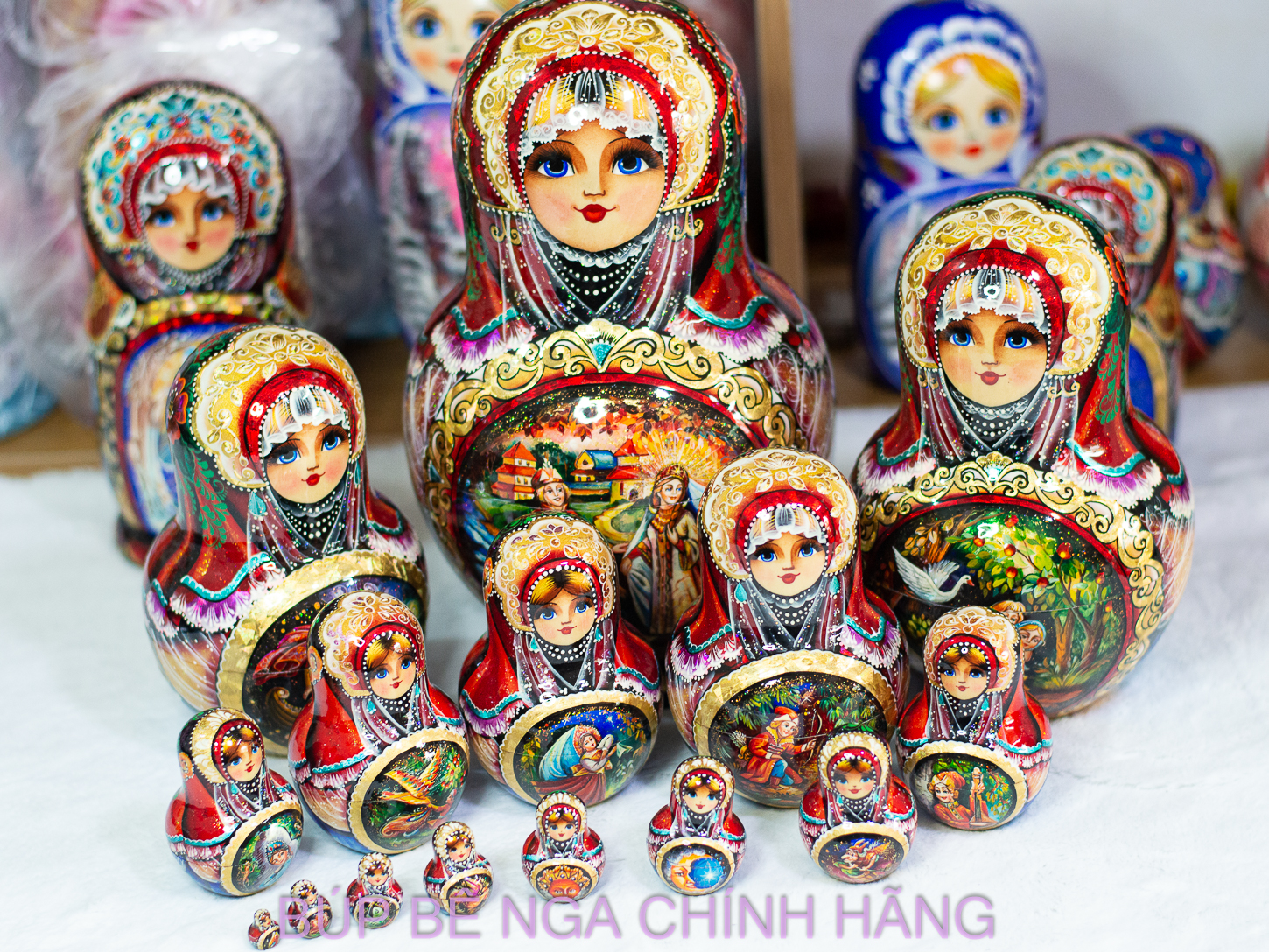 BỘ BÚP BÊ NGA 15 LỚP CAO 26CM DÁNG TRÒN VẼ HOA VĂN "CHUYỆN CỔ TÍCH PUSHKIN" CỰC ĐẸP, ĐỘC ĐÁO VÀ SANG TRỌNG