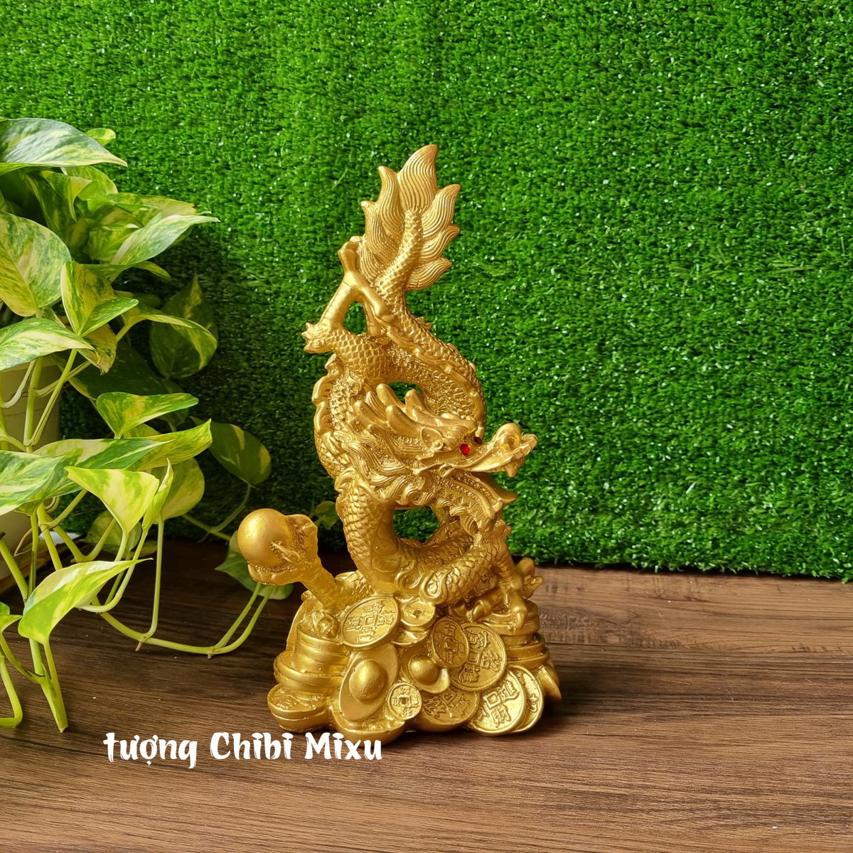 Tượng Rồng cuộn sơn nhũ ngang 14cm x cao 27cm