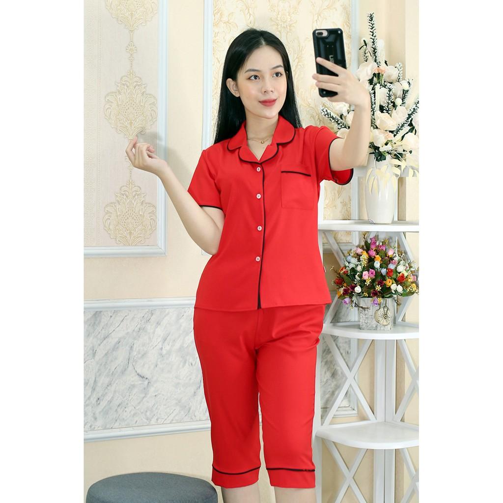 Bộ quần áo Pijama nữ MÀU ĐỎ Ngắn Tay Quần Lửng vải phi lụa mờ