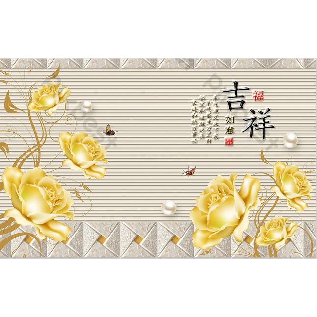 Tranh dán tường Hoa hồng vàng tài lộc, tranh dán tường 3d hiện đại MS1211840