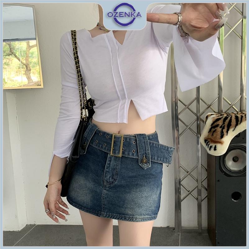 Áo croptop tay dài nữ sẻ gấu kiểu cổ rộng ozenka , áo crt thu đông thun cotton 100% màu đen trắng size dưới 55 kg