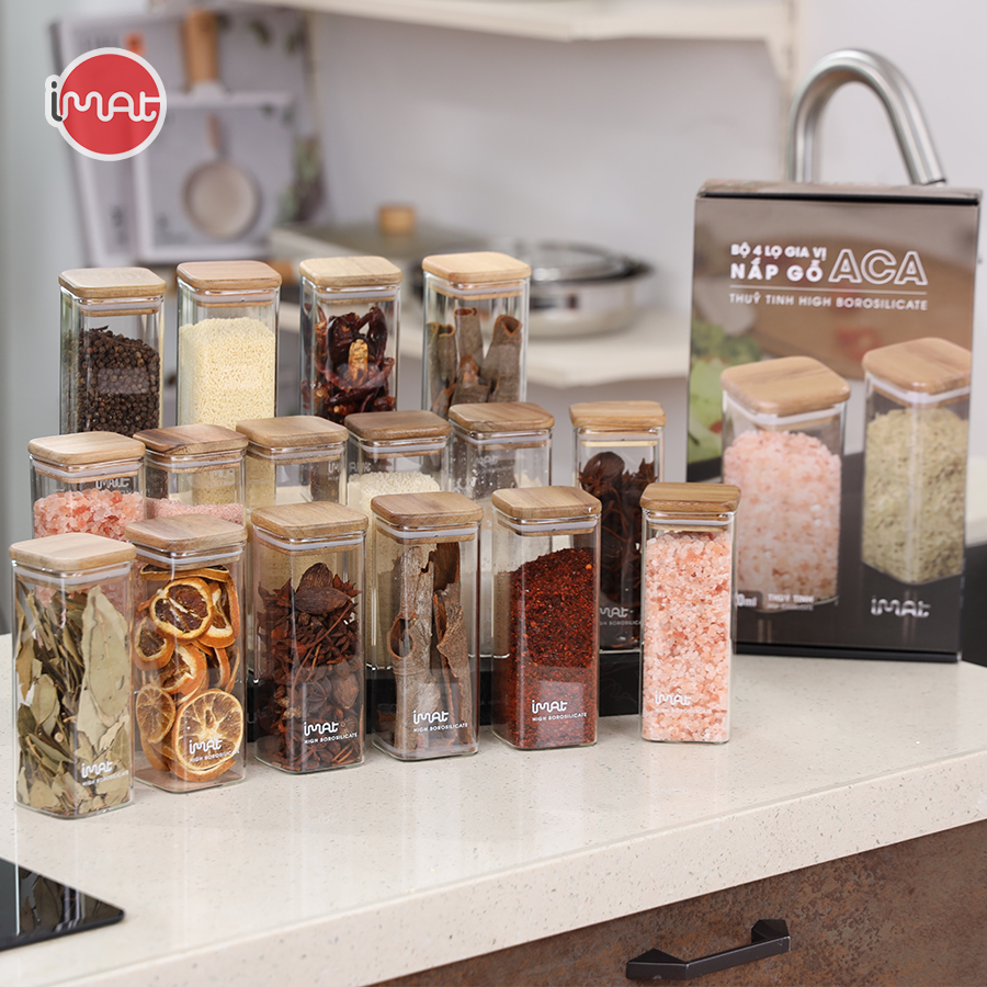 Bộ 4 Hũ Gia Vị Imat Thủy Tinh Nắp Gỗ Acacia ACA 400ml Sang Trọng Tiện Dụng