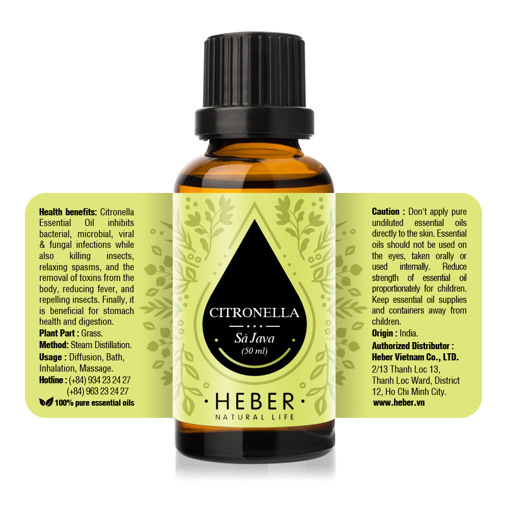 Tinh Dầu Sả Java Citronella Essential Oil Heber | 100% Thiên Nhiên Nguyên Chất Cao Cấp | Nhập Khẩu Từ Ấn Độ | Kiểm Nghiệm Quatest 3 | Xông Thơm Phòng | Hương Dịu Nhẹ