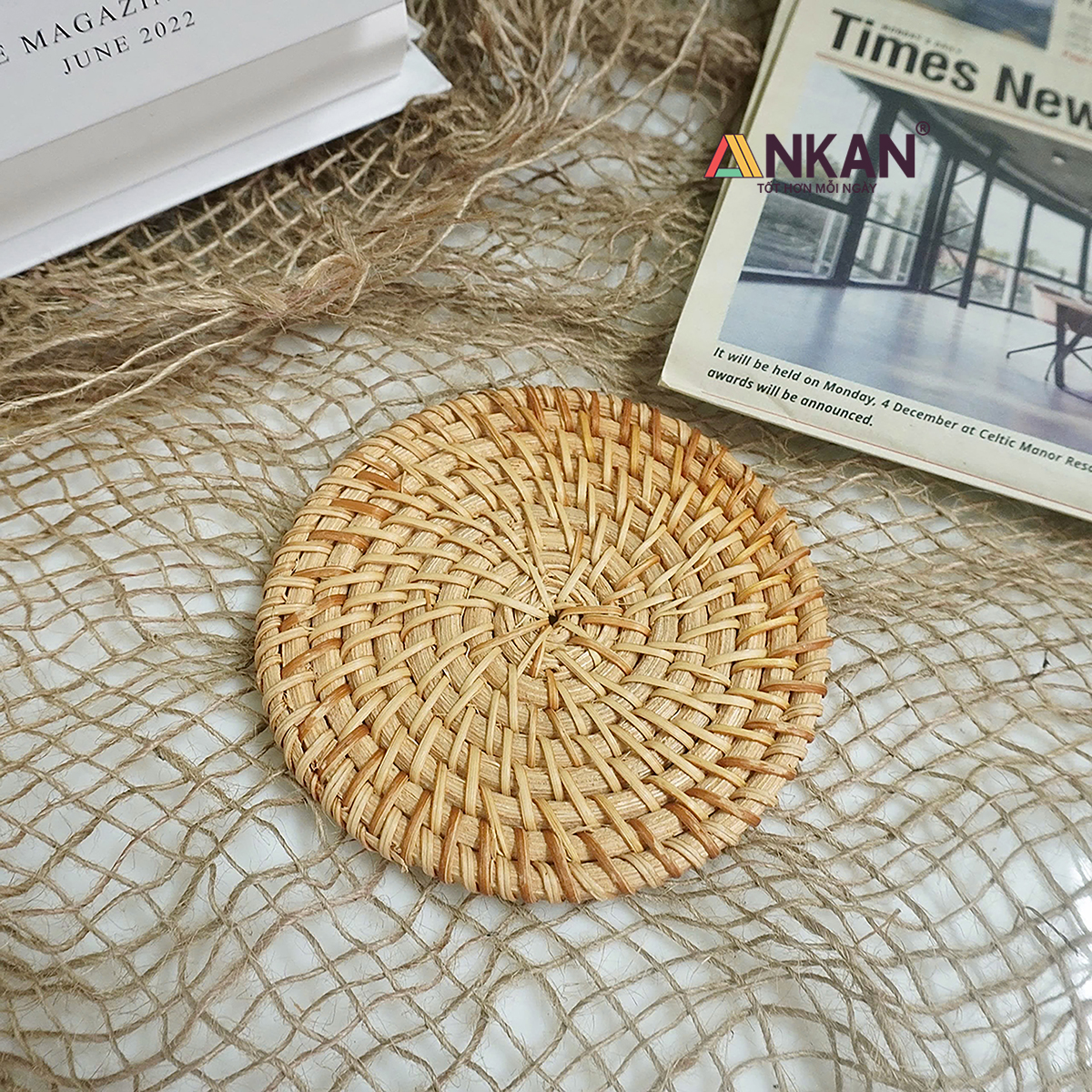 Bộ Lót Ly Lót Cốc Mây Tre Đan 6 Miếng Có Khay Đường Kính 10cm ANKAN – Thủ Công, Thân Thiện Môi Trường