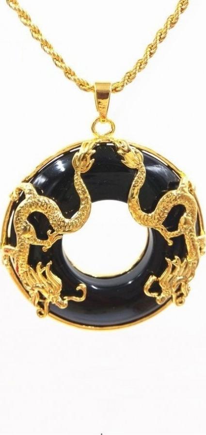 Mặt dây chuyền phong thủy ngọc bích đôi Rồng vàng
