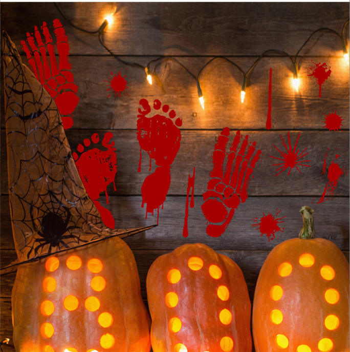 Decal trang trí dán tường- bàn tay và bàn chân máu Halloween