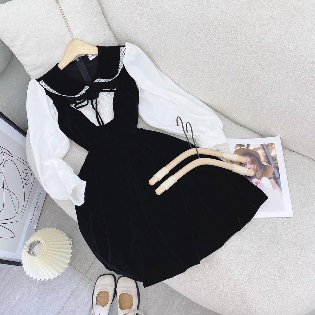 Đầm đen phối tay trắng cố sen thắt nơ vintage công sở công chúa tiểu thư dịu dàng dự tiệc