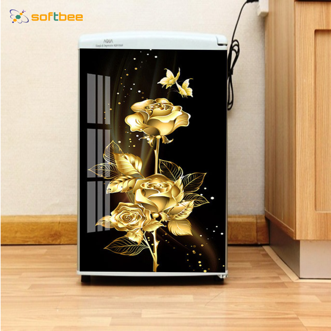 Decal dán tủ lạnh, gồm 4 kích thước chọn lựa, in hình hoa hồng phông đen, chống nước, keo bám dính tốt