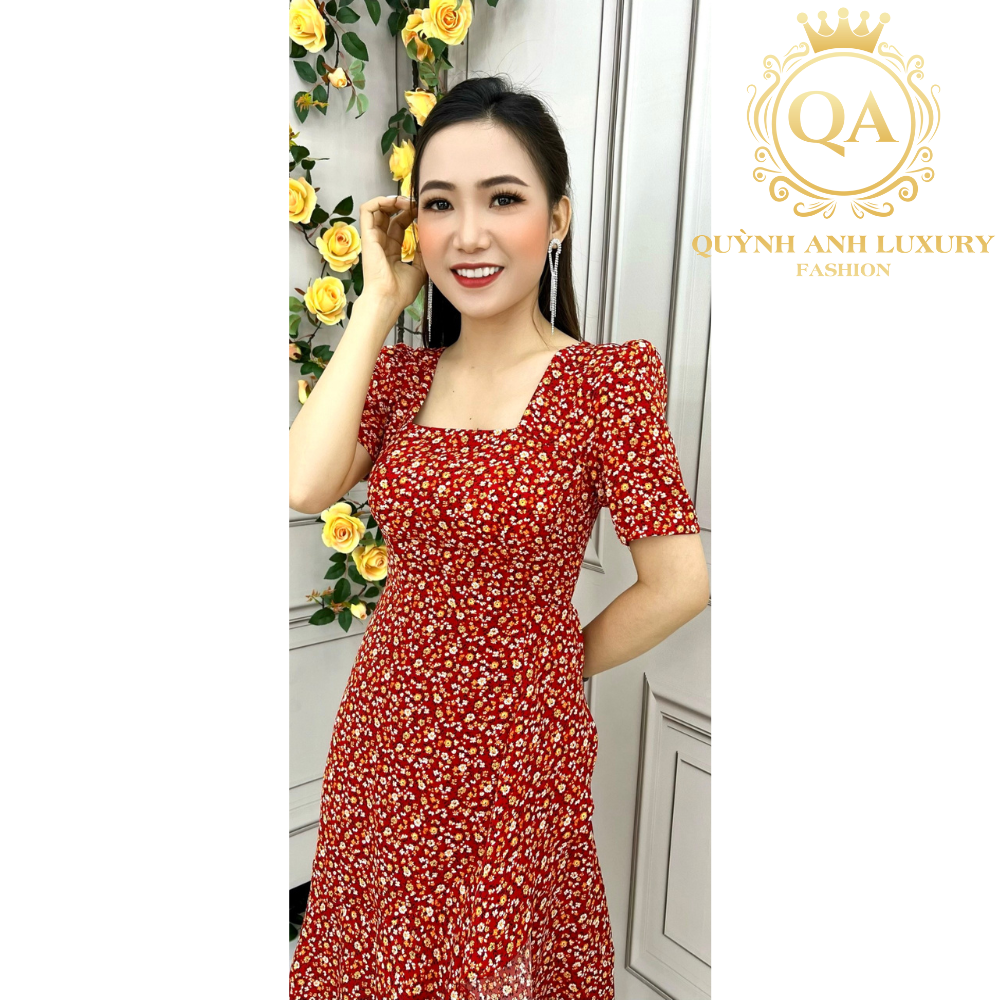 Đầm xoè hoa nhí đuôi tôm đỏ