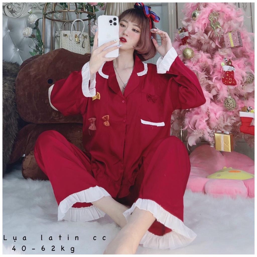 Đồ ngủ nữ, đồ bộ mặc nhà Pijama tiểu thư chất lụa latin tay dài quần dài dễ thương- Freesize dưới 62kg