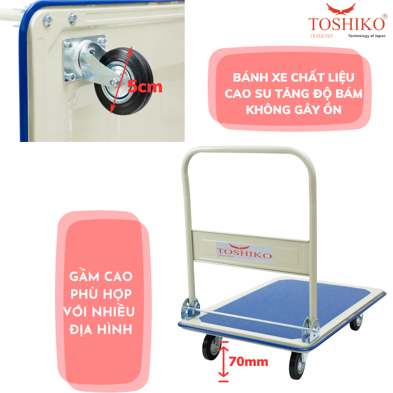 Xe Đẩy Hàng, Kèo Hàng Gấp Gọn 4 Bánh Toshiko Tải Trọng 150kg và 300kg Sàn Thép Bảo Hành 36 Tháng