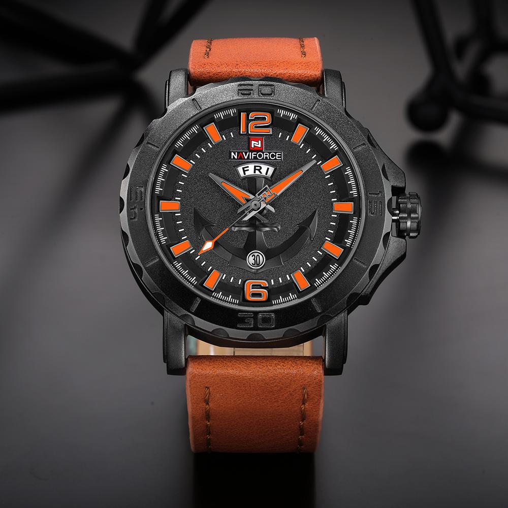 Đồng hồ đeo tay dây da chính hãng Lịch & Tuần NAVIFORCE Cool Luminous Quartz Men chống nước 3ATM