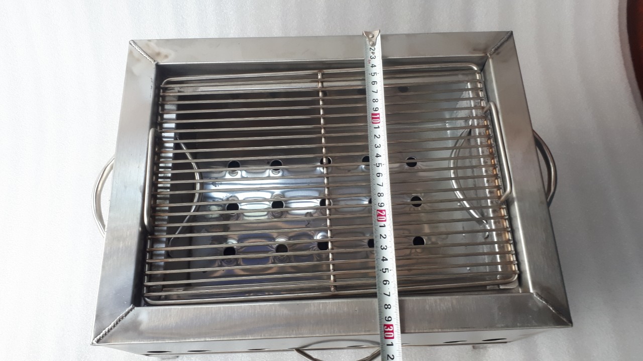 Lò nướng than hoa inox vuông 30 x40cm loại dầy có vĩ nướng bán bún thịt nướng, bánh mì, nem nướng