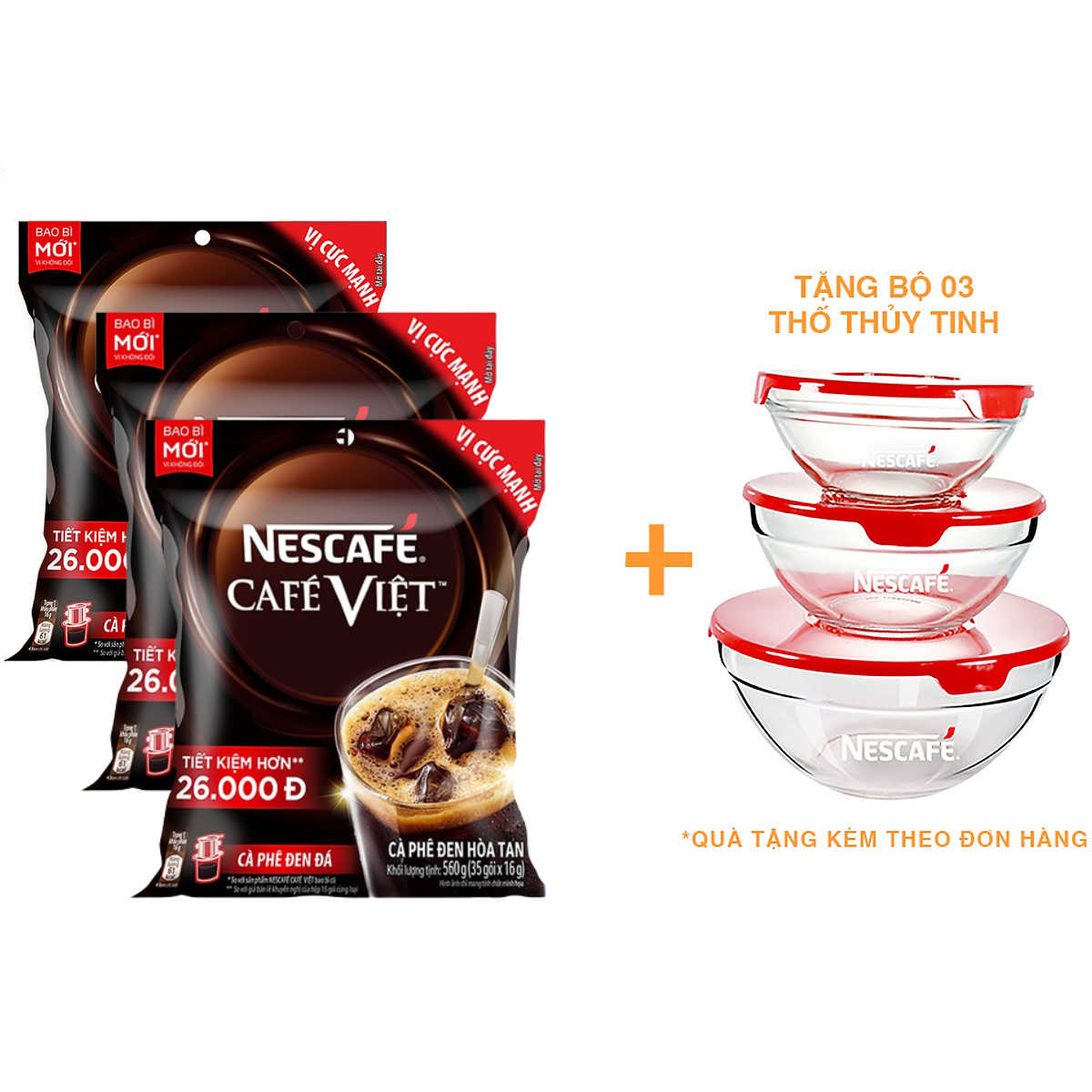 Combo 3 cà phê hòa tan Nescafé café Việt cà phê đen đá (Túi 35 gói x 16g) [Tặng bộ 3 thố thuỷ tinh Nescafé]