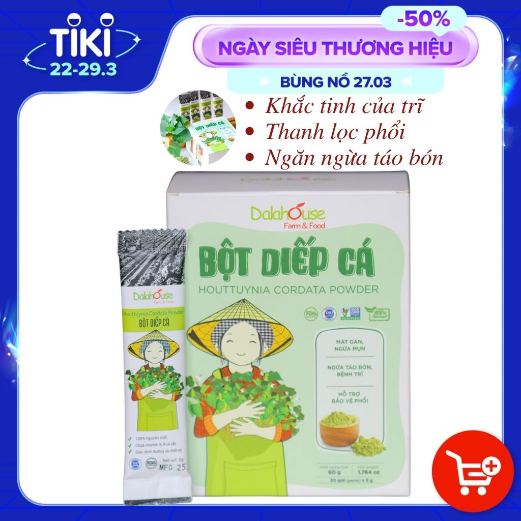 Bột Diếp Cá hữu cơ nguyên chất sấy lạnh Dalahouse - Hộp 20 gói nhỏ 3gr định lượng sẵn cho 1 lần sử dụng - Mát Gan, ngừa mụn, ngừa trĩ và táo bón. Hỗ trợ bảo vệ Phổi