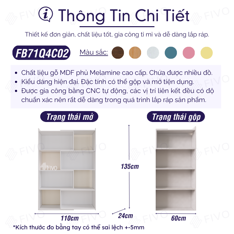 Kệ Sách Gỗ Để Sàn FIVO FB71, Với Tính Năng 2IN1 Đóng Mở Tùy Thích, Nhiều Ngăn Chứa Đồ Rộng Rãi - 4 Tầng