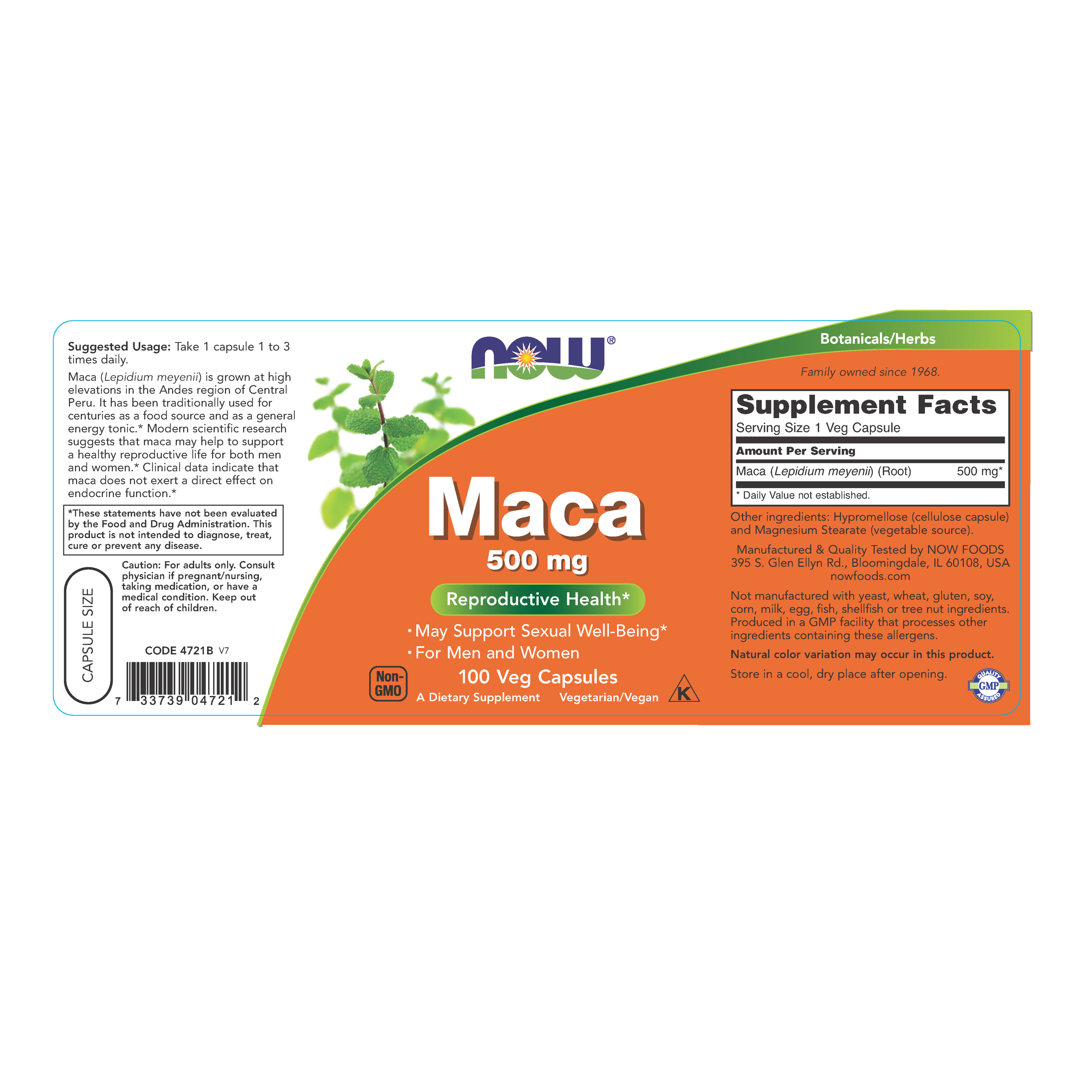 Thực phẩm bảo vệ sức khỏe Maca 500mg 100 viên, nhập khẩu chính hãng NOW USA, Tăng cường sinh lực, nâng cao sức khỏe sinh lý (dùng cho cả nam và nữ)