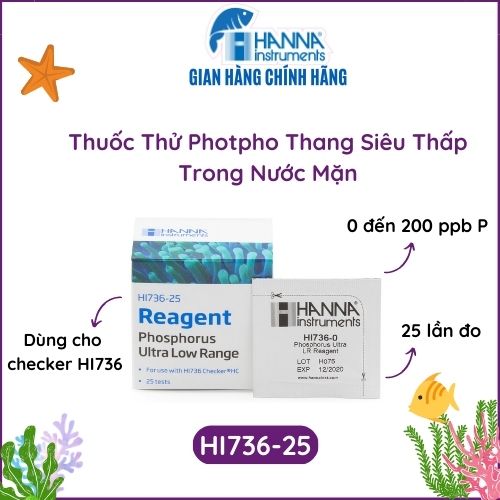 Thuốc Thử Photpho Trong Nước Mặn HANNA HI736-25, Từ 0 đến 200 ppb Dùng Với Máy Đo Checker Đo PhotHI736, 25 gói dùng cho 25 lần đo, HI736-25