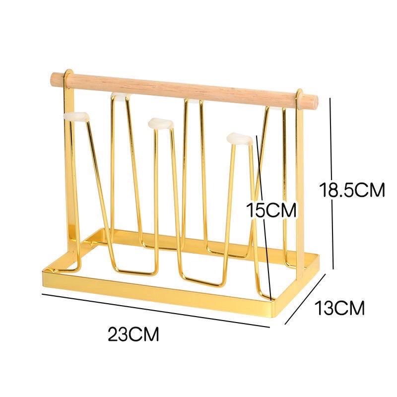 Giá úp cốc chén, khay úp cốc kim loại mạ vàng tay cầm gỗ