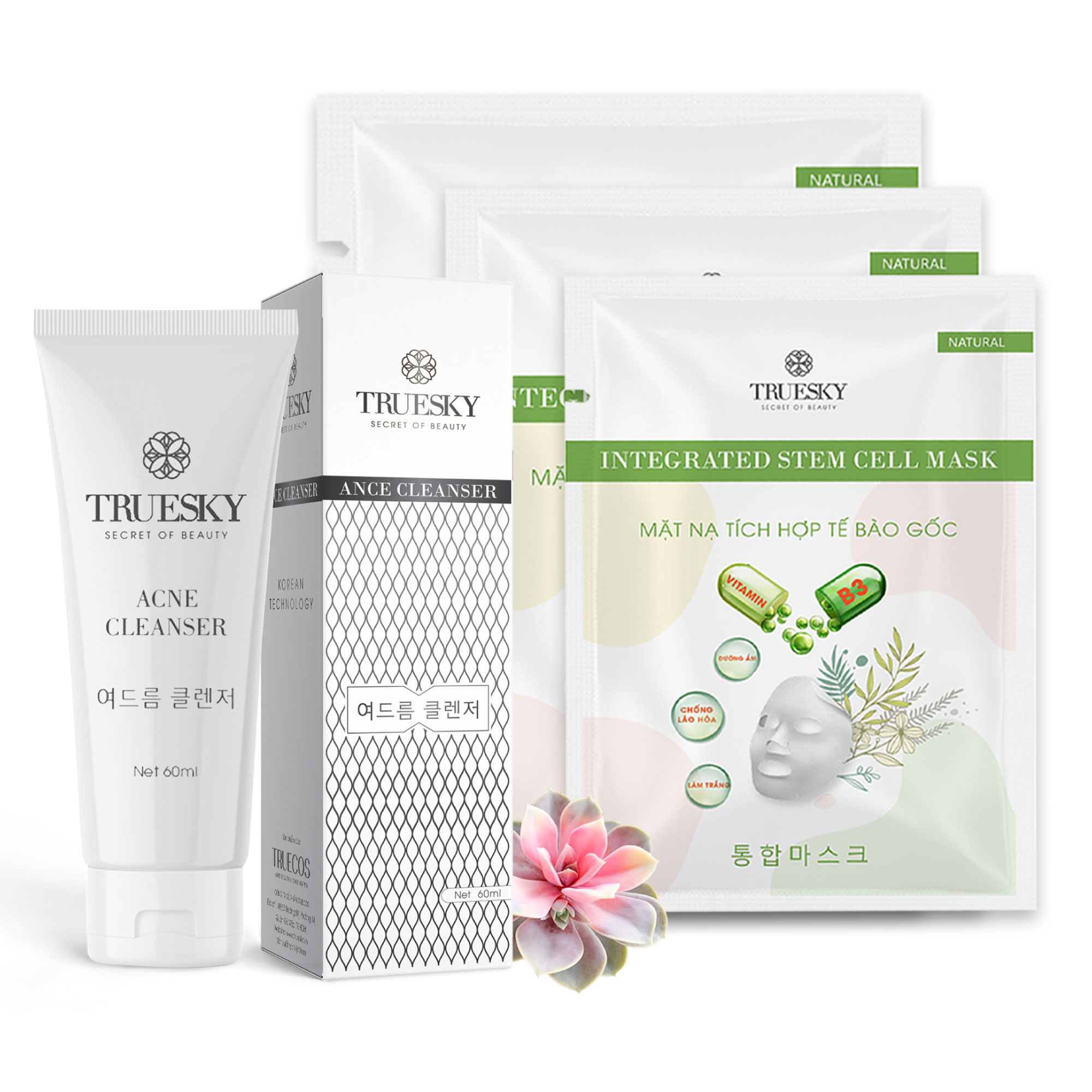 Bộ sản phẩm ngừa mụn trắng da mặt Truesky M04 gồm 1 sữa rửa mặt than hoạt tính 60ml + 3 miếng mặt nạ tế bào gốc Truesky