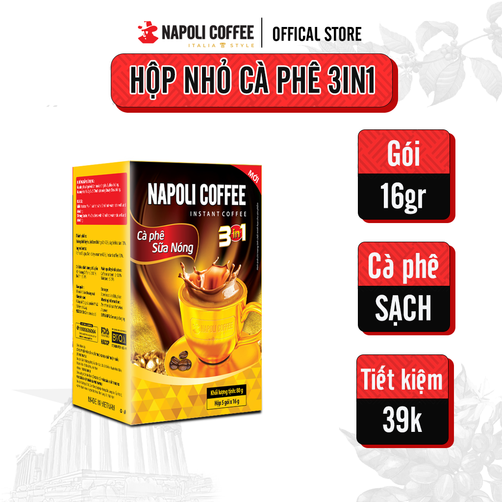 Cà Phê Nguyên Chất 3in1 Sữa Nóng Napoli Coffee 16g x 5 gói Hạt Robusta/Arabica Hộp Nhỏ