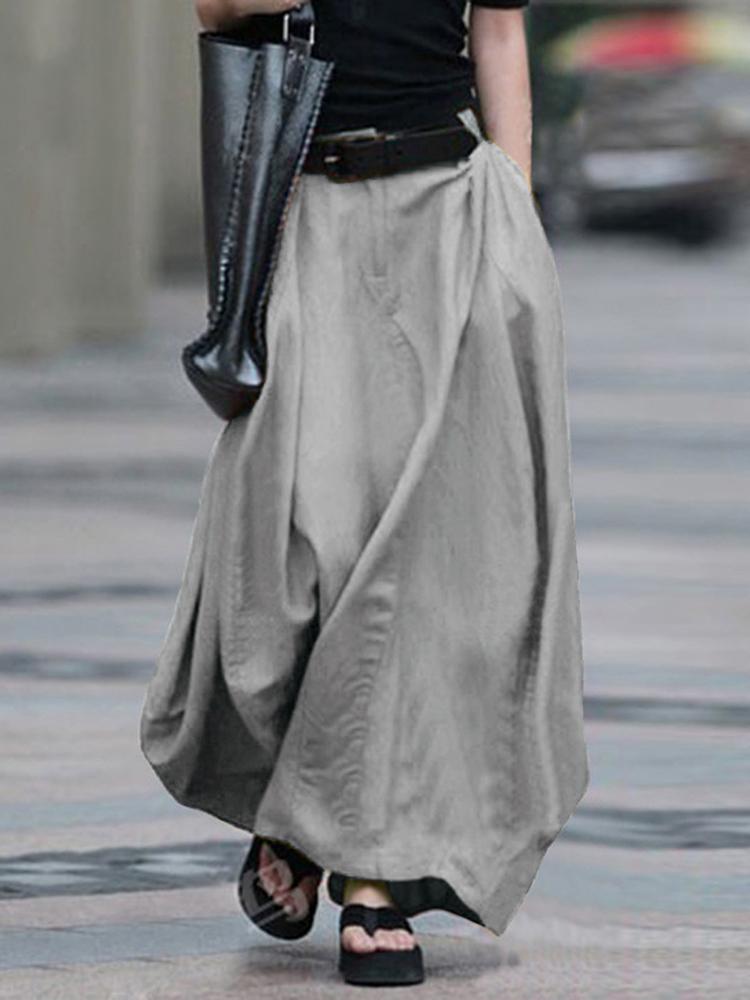 Women Long Skirt Elastic Waist Split Hem Pockets Soft Loose Solid Bottom Ankle-length A-Line Skirt