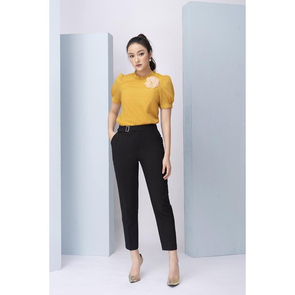 Áo Sơ Mi Nữ Tay Phồng LIPERI LFSM1198 Thiết kế cổ tròn đính hoa ngực chất lụa tơ cao cấp mềm mịn nhẹ mát không nhăn