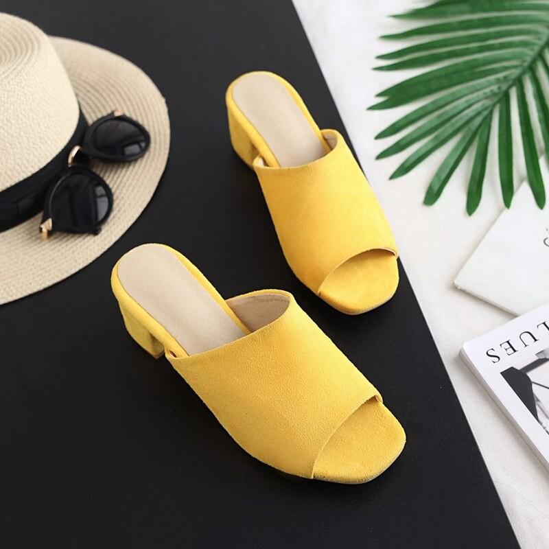 Dép cao gót thời trang mũi vuông cao 5cm nhung màu vàng size lớn 40 41 42 43 44