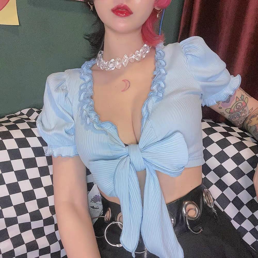 Áo thun gân viền bèo cột nơ ngực siêu xinh hot hit cho bạn gái, tôn dáng, siêu xinh đủ màu, mẫu mới sexy
