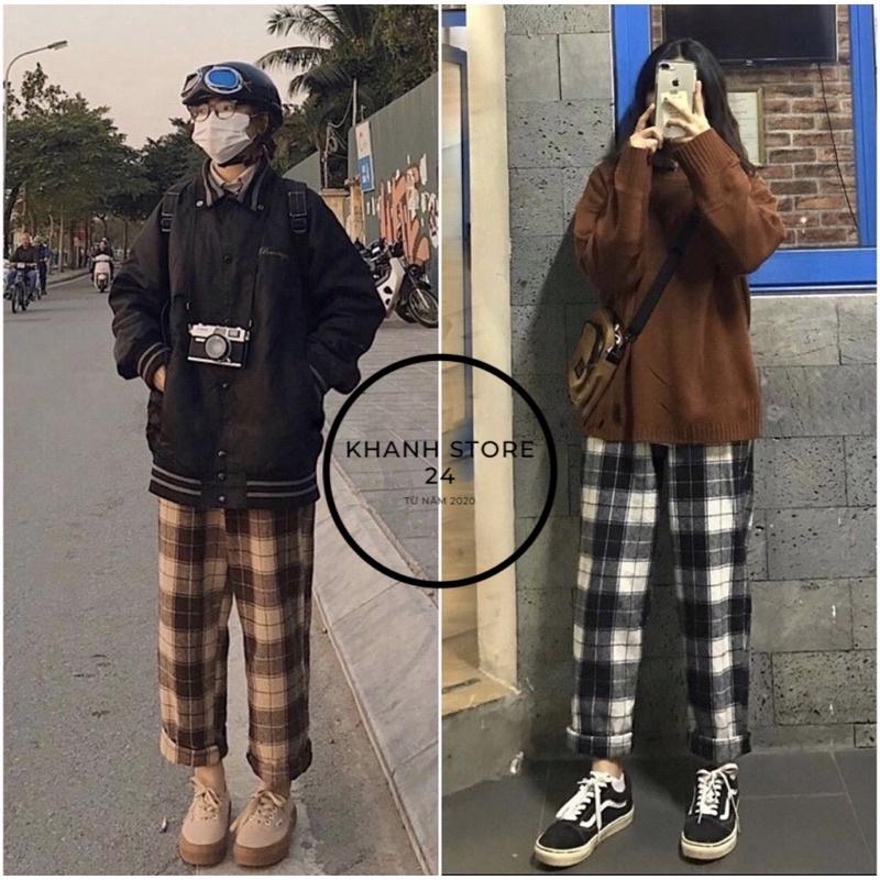 Quần CARO ỐNG SUÔNG NÂU - XÁM ĐEN - ĐEN Nam Nữ Ulzzang Unisex Khanh Store 24