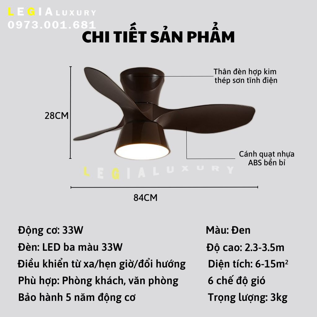 [GIẢM GIÁ SỐC] Quạt Trần Đèn Mini 3 Cánh LÊ GIA LGFAN736T - Chiều Cao 28cm - Sải Cánh 84cm - Bảo Hành 2 Năm