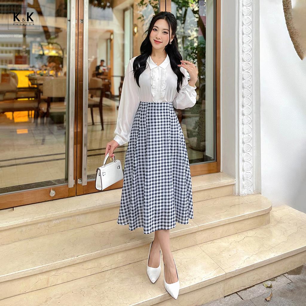 Chân váy xòe chữ a họa tiết caro K&amp;K Fashion CV05-31 Chất Liệu Xô Cotton