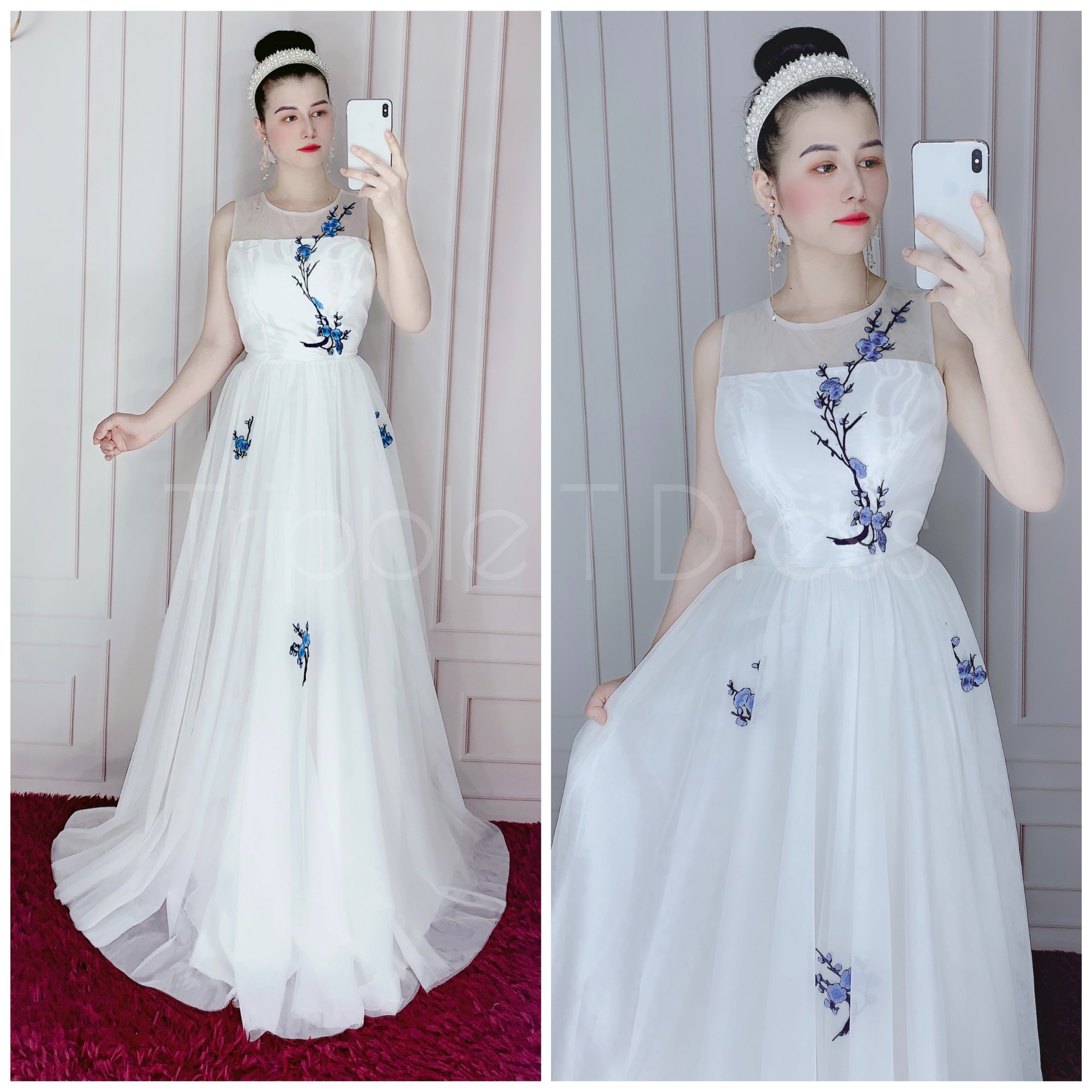 Đầm maxi dự tiệc mặc cưới hoa đào thêu sang trọng TRIPBLE T DRESS - size M/L - MS154Y