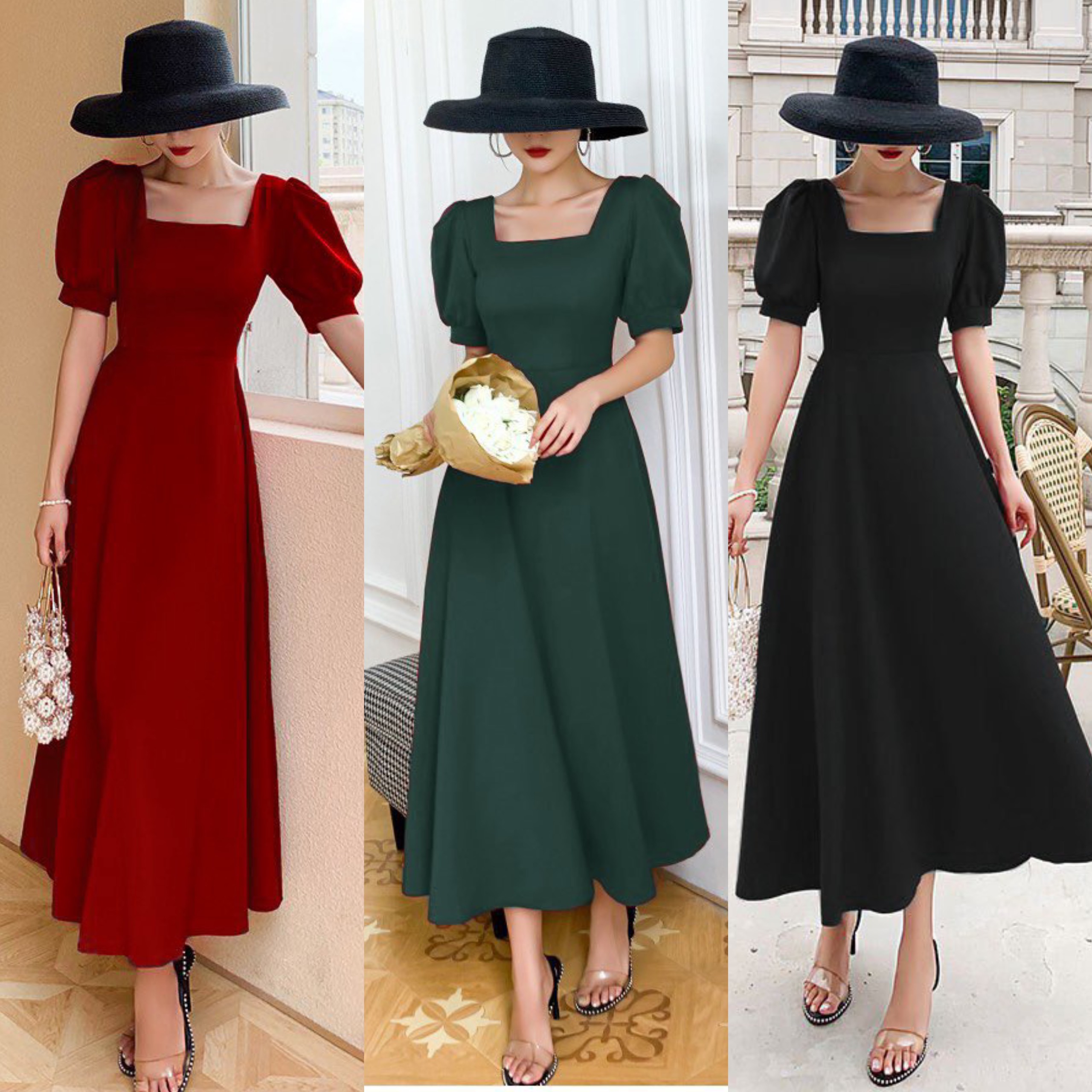 Đầm Maxi Dự Tiệc Tay Phồng Có 3 Màu Xanh, Đỏ, Đen Đủ Size M-L-XL-XXL (có ảnh+video