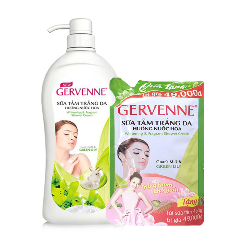 Sữa tắm trắng da hương nước hoa Goas't Milk &amp; Green Lily 900g Gervenne +Tặng túi sữa tắm 450g